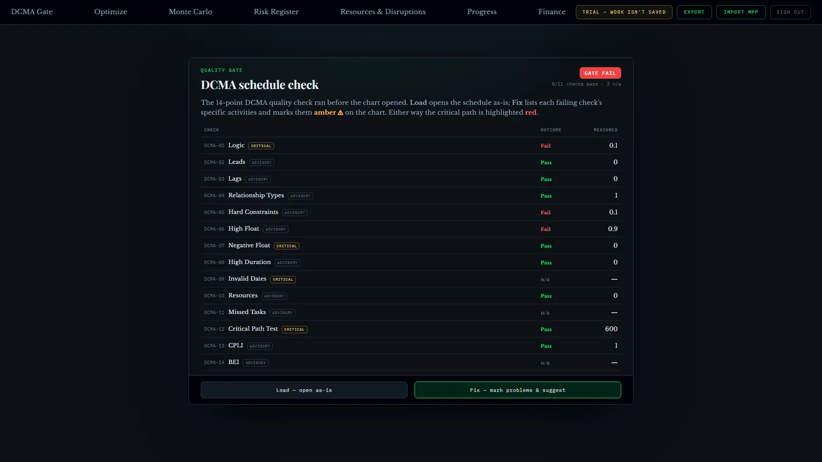 The DCMA gate on import: every check scored before the board opens