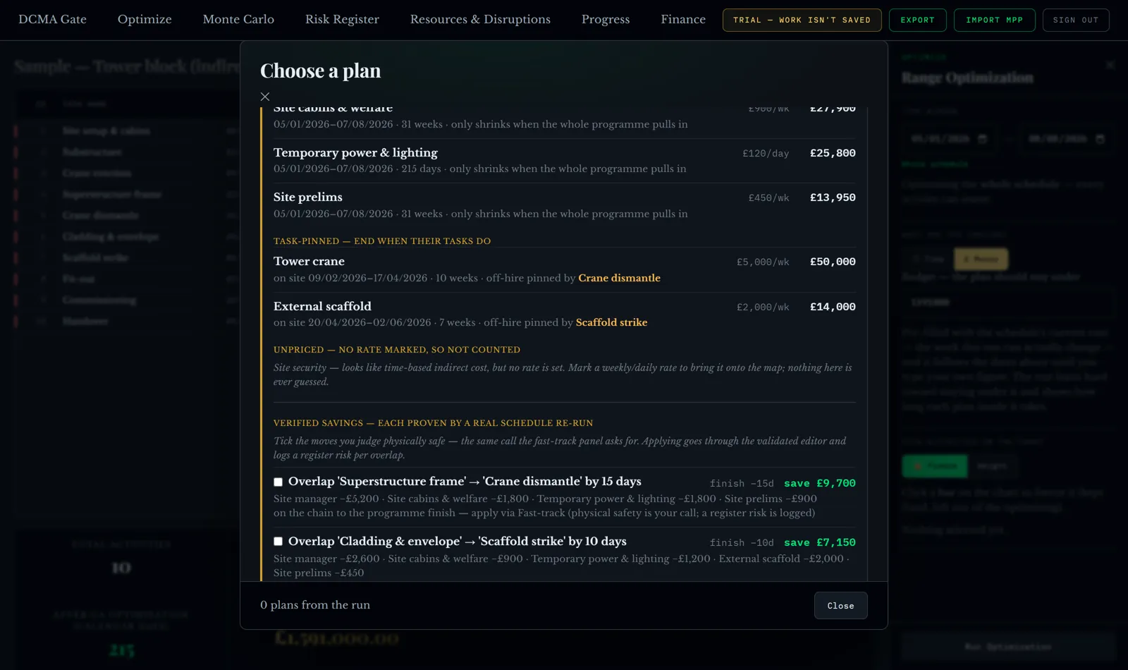 The savings finder: each move tied to a saving proven by a real schedule re-run