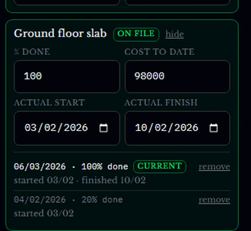 An activity's observation history: the current entry marked, with the earlier one kept beneath it