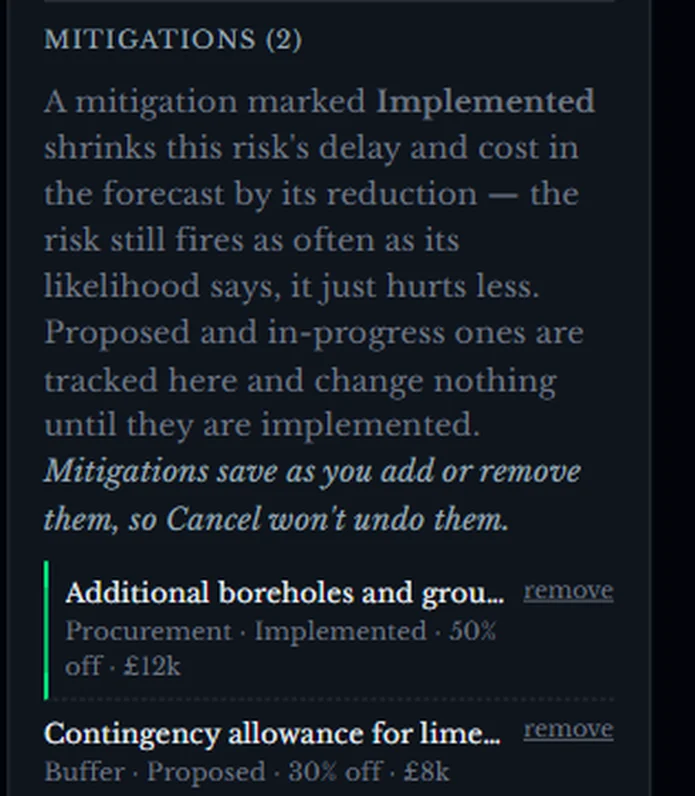 The mitigations panel: one mitigation implemented, one proposed, each with a reduction and a cost