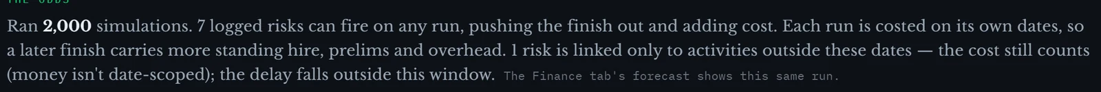 The lede sentence: seven logged risks can fire on any run; one risk is linked only to activities outside these dates, the cost still counts, the delay falls outside this window